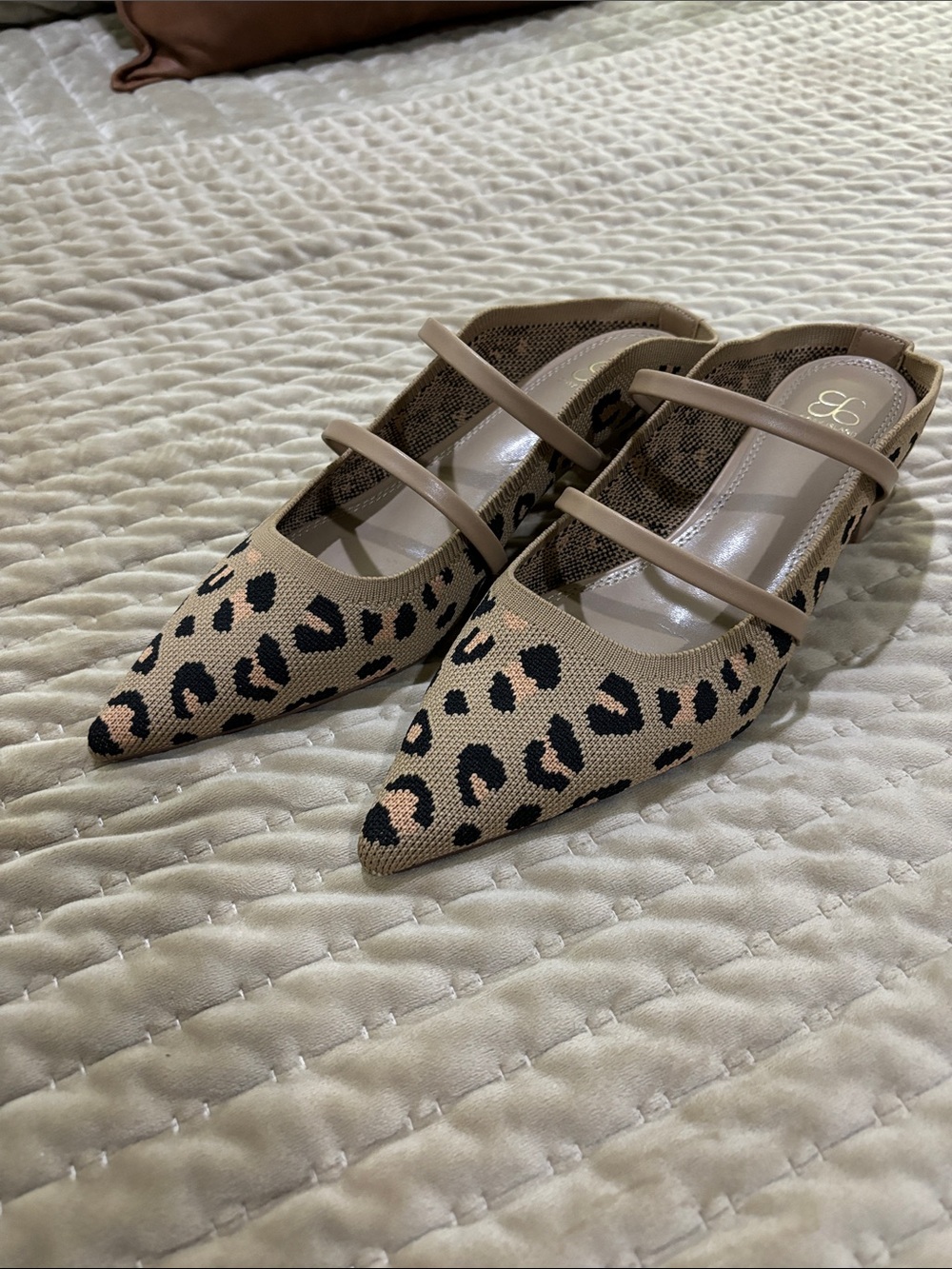 Leopard Print Pointed Mary Jane Flats - Beige/Black